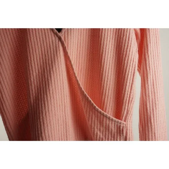 New Gibson Women's Small Pink Brushed Waffle Drape Faux Wrap Surplice V-Neck Top - Picture 7 of 10